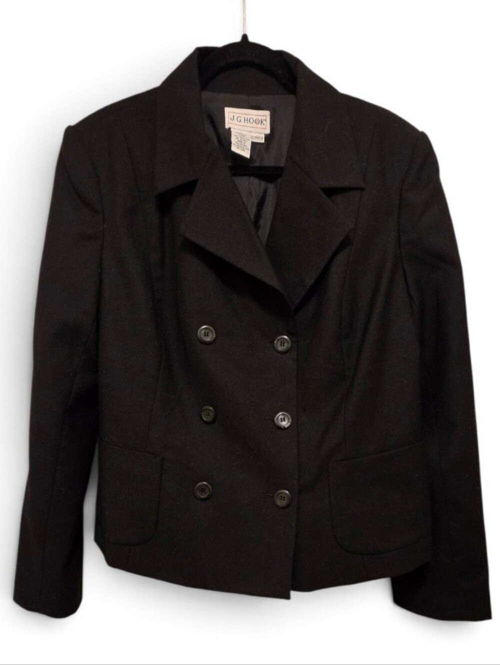 NWOT Vintage 90s J.G. Hook Black Cropped 100% Wool Lined Pea Coat Size 14